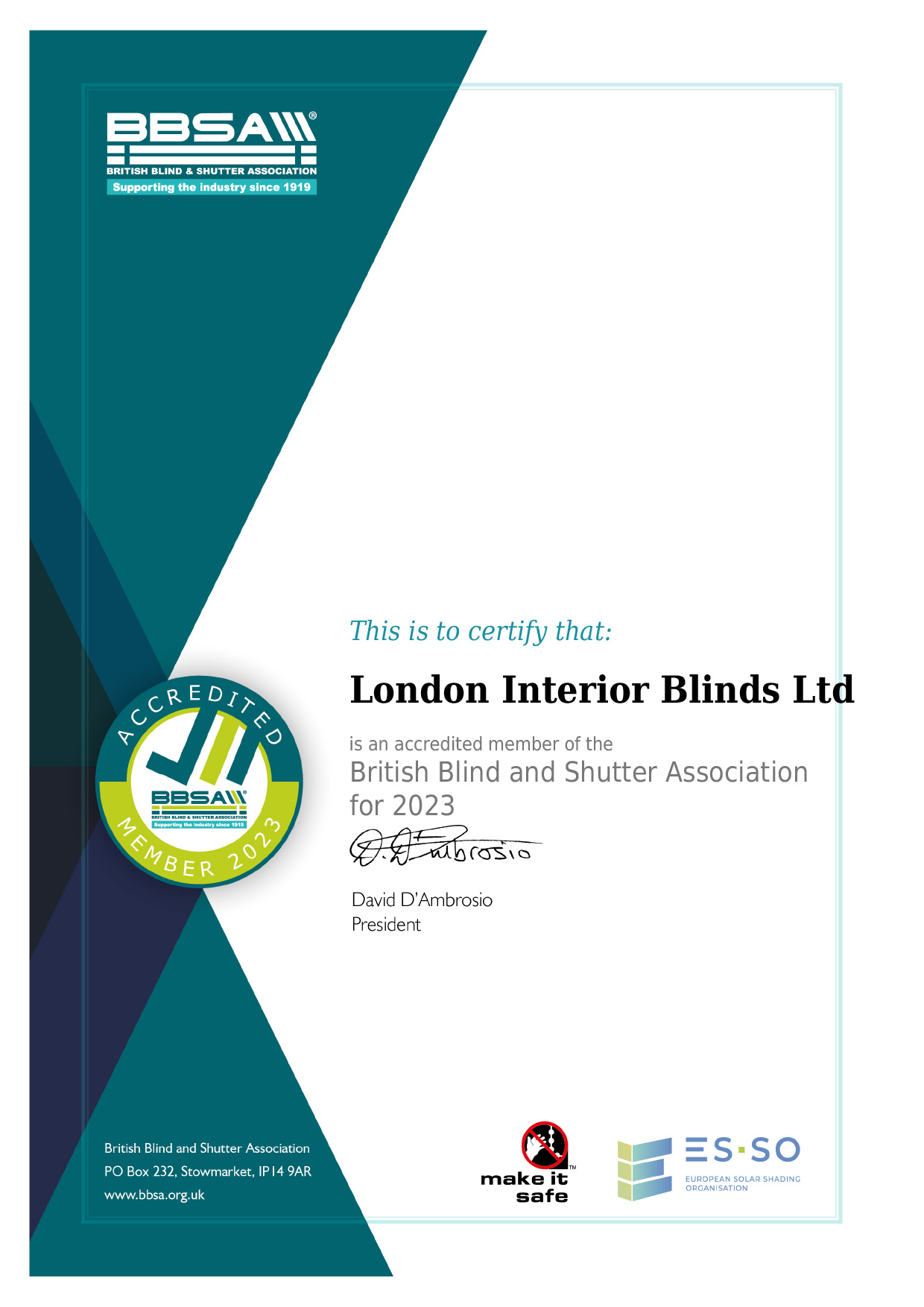 BBSA Membership Certificate London Interior Blinds