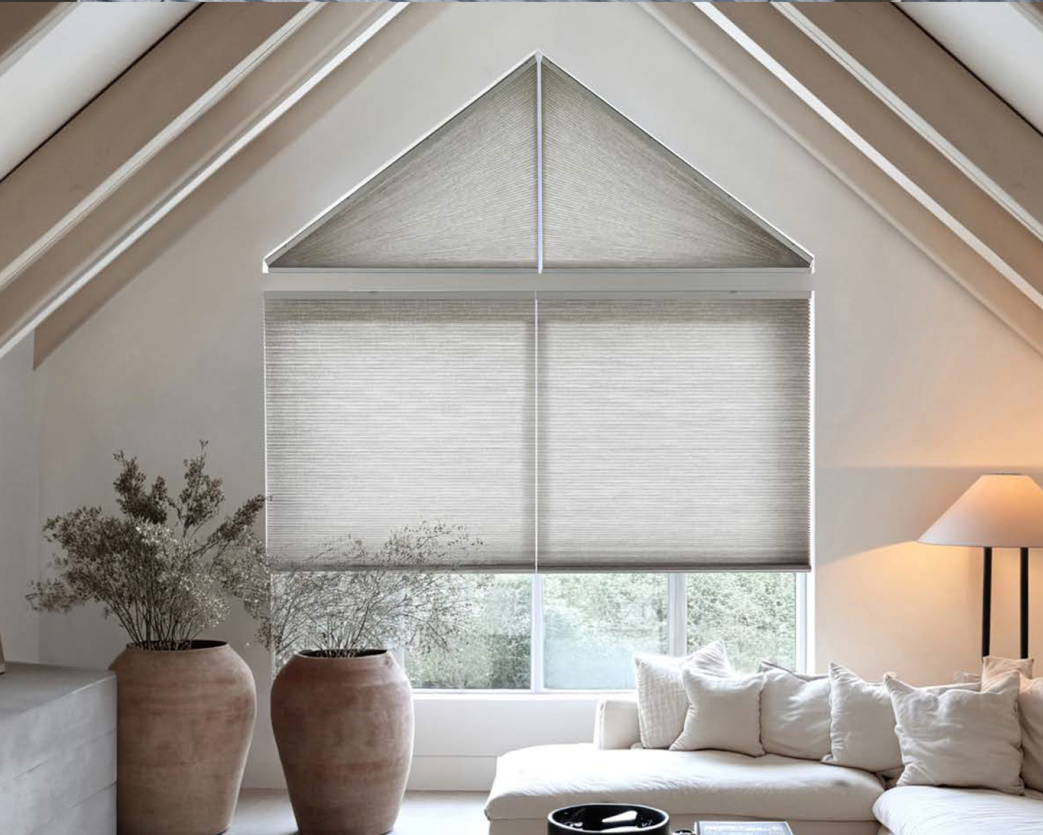 Bedroom window with dual layer zebra roller blind motorised for light control, casting striped shadows